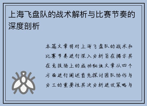 上海飞盘队的战术解析与比赛节奏的深度剖析